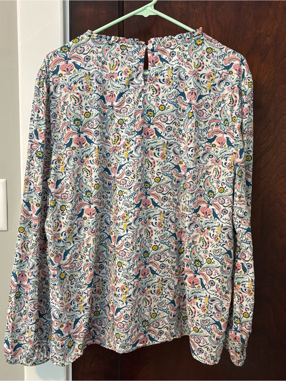 Talbots Blouse 2X 100% Cotton Top Long Sleeve Bird Floral Print Smocked Shirt - Picture 5 of 9